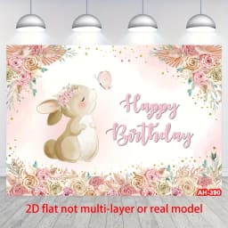 2D Flat, 1 Flower Rabbit Girl Birthday Background - Watercolor Bohemian Flower and Easter Rabbit Design