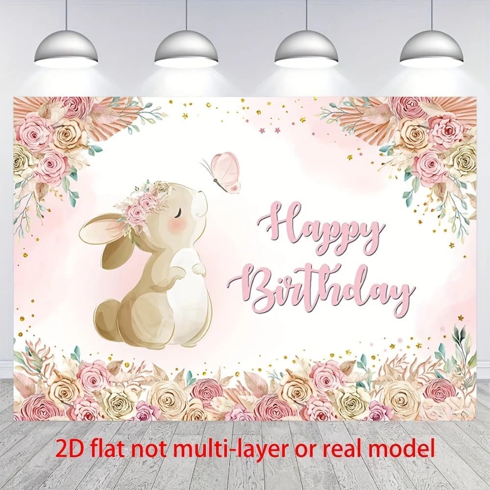 2D Flat, 1 Flower Rabbit Girl Birthday Background - Watercolor Bohemian Flower and Easter Rabbit Design