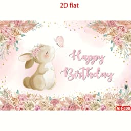2D Flat, 1 Flower Rabbit Girl Birthday Background - Watercolor Bohemian Flower and Easter Rabbit Design