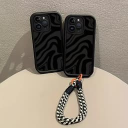 Black Textured Stripes Hang Strap Silicone Phone Case For iPhone 18 17 16 15 14 13 12 11 Pro Max X XS XR 7 Plus 16E 17Air Cover