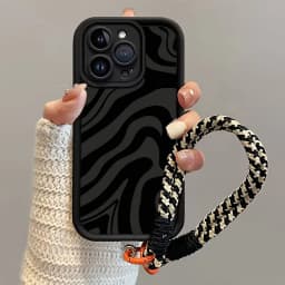 Black Textured Stripes Hang Strap Silicone Phone Case For iPhone 18 17 16 15 14 13 12 11 Pro Max X XS XR 7 Plus 16E 17Air Cover