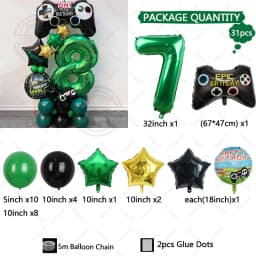 31pcs Gamepad Theme Balloon Green Number Birthday Balloon Set Game Theme Party Decoration Birthday Surprise Gifts