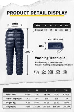 MAPLEAF Down Pants Winter Hiking Trousers Ultralight Warm Down Trousers 800FP Windproof Waterproof Ski Pants Camping Snow Pants