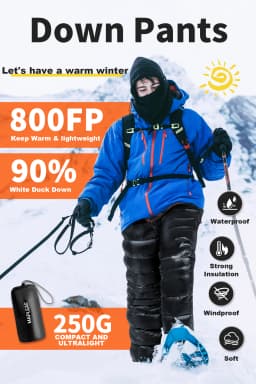 MAPLEAF Down Pants Winter Hiking Trousers Ultralight Warm Down Trousers 800FP Windproof Waterproof Ski Pants Camping Snow Pants