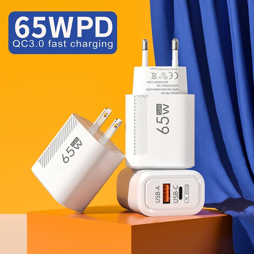 GaN 65W Dual Ports Charger 2 In 1 EU/US Plug USB Type C QC3.0 Charger Fast Charging Wall Charger Quick Charging Power Adapters