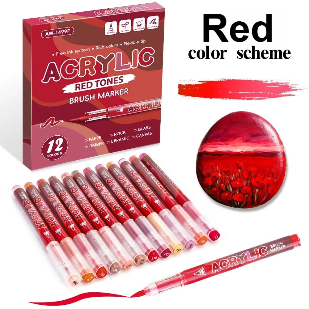 12 Colors Acrylic Markers Red Series Soft Pen Tip for Christmas Painting Comic Drawing Coloring DIY CD Shoes Stone Art Supplies