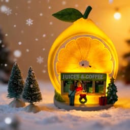 Christmas Lemon Juice & Coffee Shop Ornament, LED Light-Up Holiday Collectible Figurine, Snowy Village Christmas Decorations