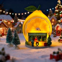 Christmas Lemon Juice & Coffee Shop Ornament, LED Light-Up Holiday Collectible Figurine, Snowy Village Christmas Decorations
