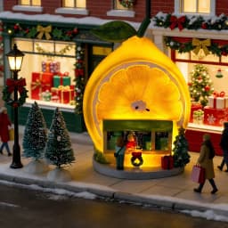 Christmas Lemon Juice & Coffee Shop Ornament, LED Light-Up Holiday Collectible Figurine, Snowy Village Christmas Decorations