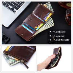 Genuine Leather Wallet for Men Minimalist Tri-Fold Purse with RFID Protection Zipper Coin Pocket Credit Card Slots