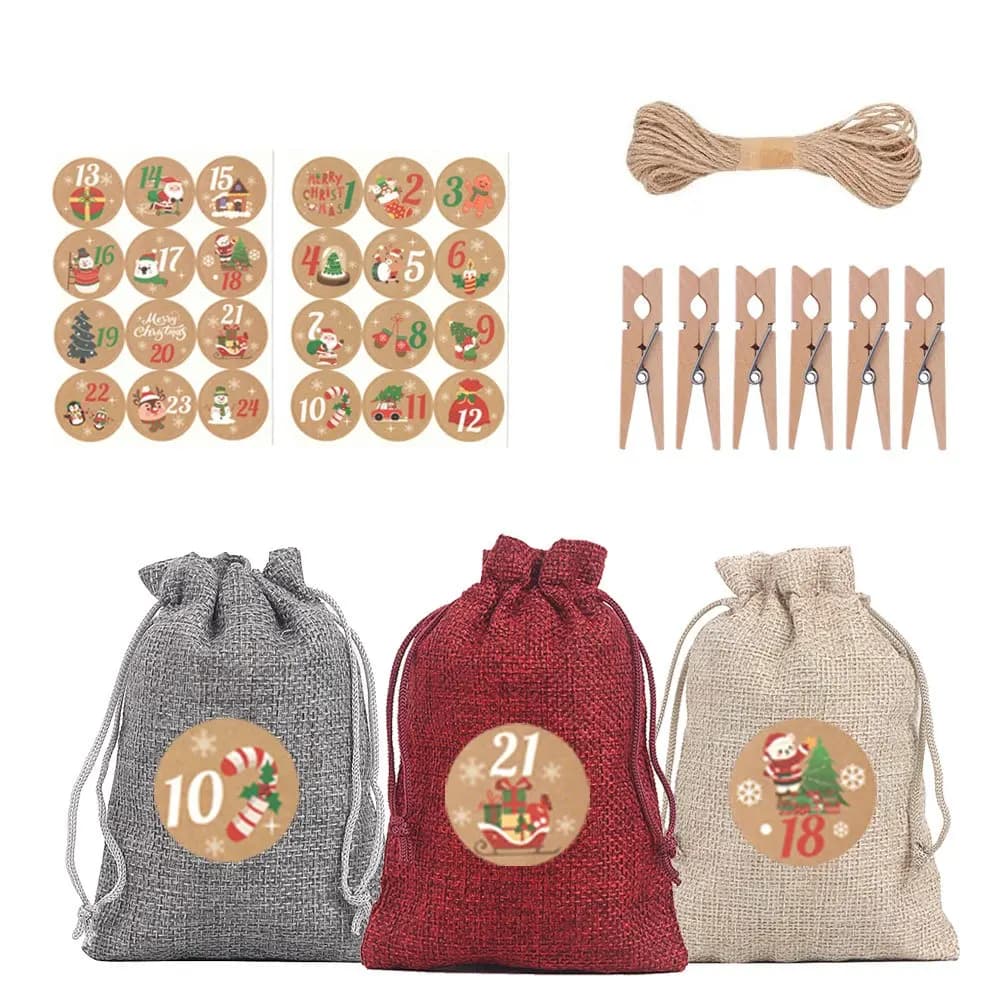 3/6/25/52pcs Multi Color Party Drawstring Gift Bag and 1-24 Round Label with Clip and Hemp Rope, Christmas Calendar Countdown