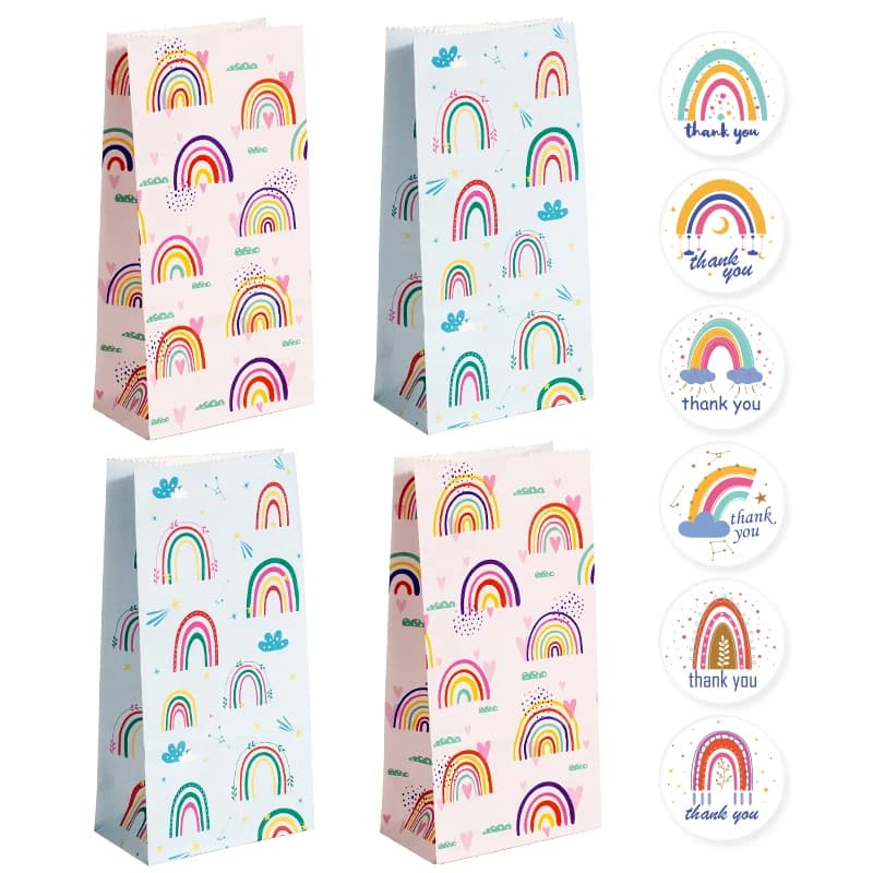24Set Rainbow Paper Gift Bags Pink Blue Party Favor Bags with Thank You Stickers Candy Treat Bag for Birthday Wedding Decoration