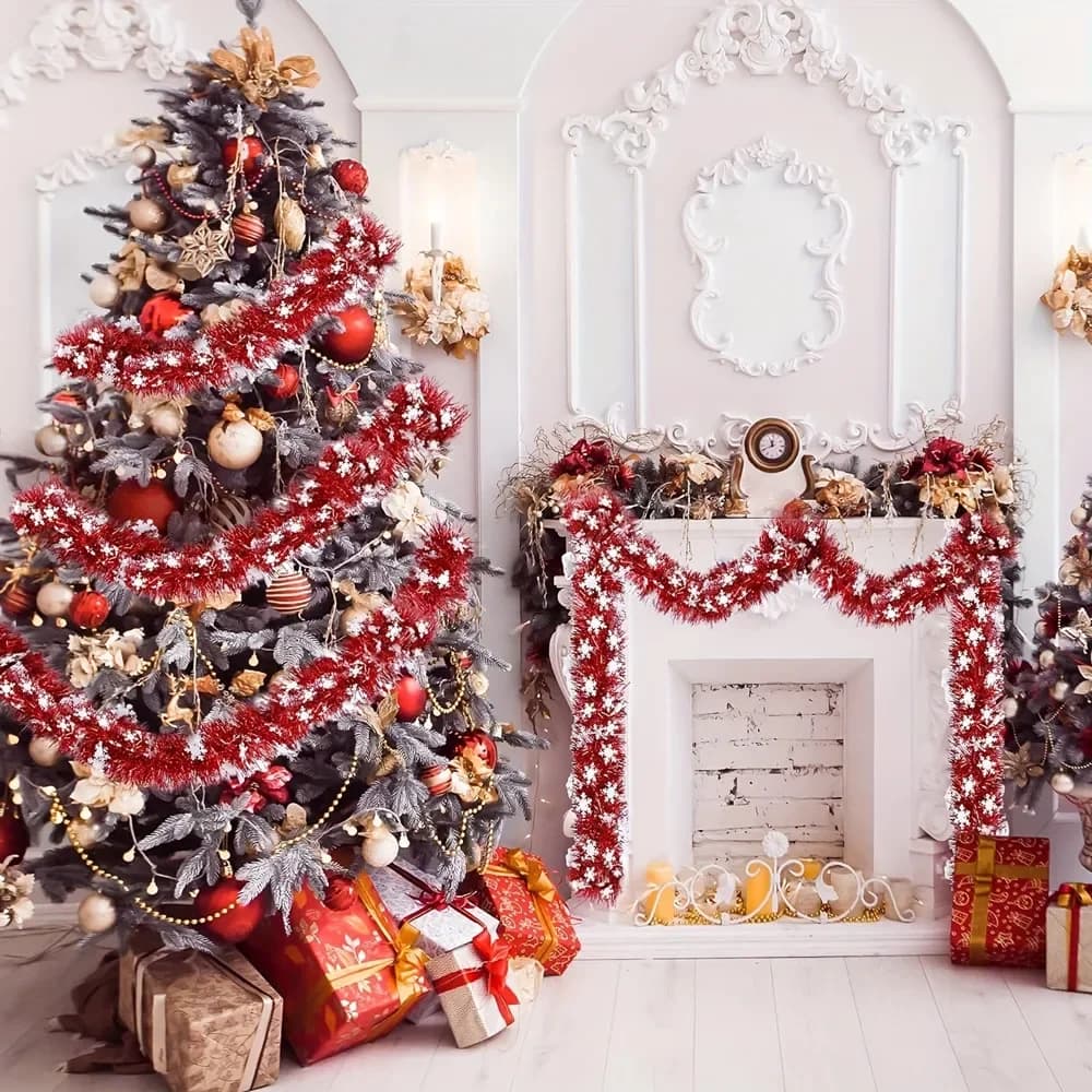 4M/8M Christmas Snowflake Tinsel Garland Xmas Tree Decoration Christmas Red Twist Garland Ceiling Hanging New Year Party Decor