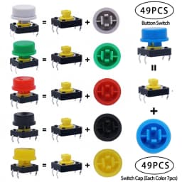 49set Tactile Push Button Switch Momentary 12*12*7.3mm Micro Switch Button With Knob Yellow Green Red Kit 98PCS