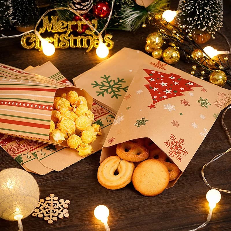 20-100Pcs Kraft Paper Gift Bags Christmas Biscuit Candy Snack Packaging Bag 2026 New Year Party Kids Favors Home Decor Supplies