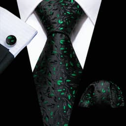 Luxury Mens Ties Set Black Green Leaves Floral Neck Tie Handkerchief Cufflinks Set Wedding Business Party