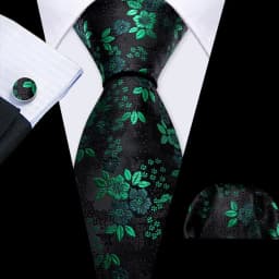 Luxury Mens Ties Set Black Green Leaves Floral Neck Tie Handkerchief Cufflinks Set Wedding Business Party