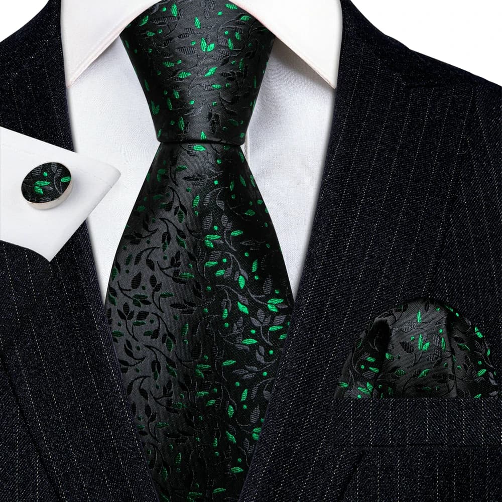 Luxury Mens Ties Set Black Green Leaves Floral Neck Tie Handkerchief Cufflinks Set Wedding Business Party