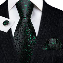 Luxury Mens Ties Set Black Green Leaves Floral Neck Tie Handkerchief Cufflinks Set Wedding Business Party