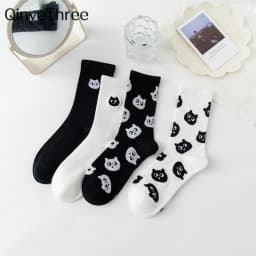 Chic New Women's Cute Cat Face Black White Socks Korean Harajuku Kawaii Kitten Hipster Casual Gift Dropship