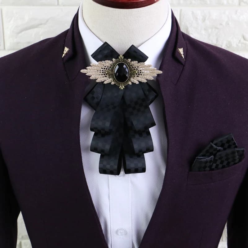 Men Ribbon Bow Tie Handkerchief Women pre-fold Brooches Pocket Square Neck Tie Set Groom Wedding Party Rhinestone Boys Bowtie