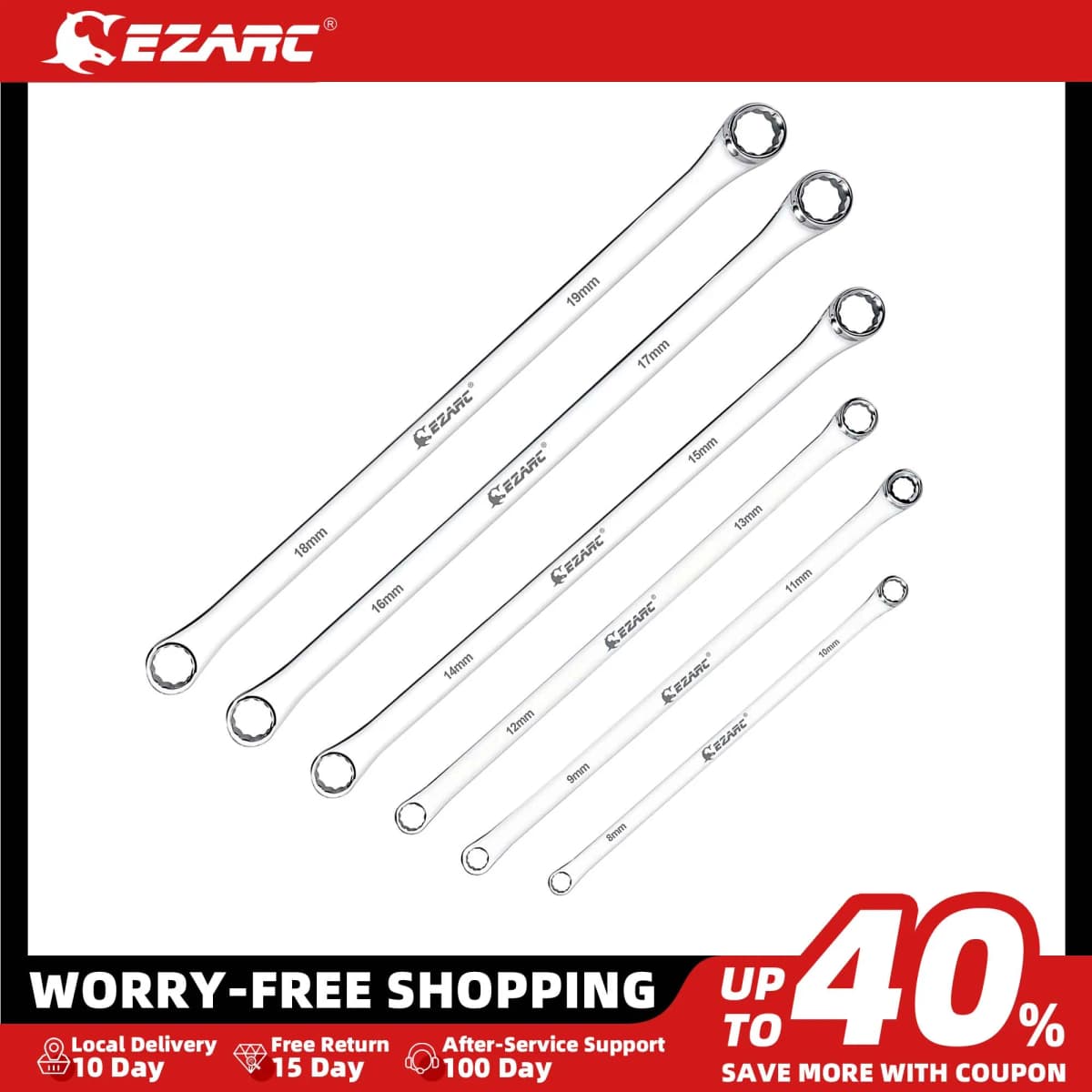 EZARC Extra Long Box End Wrench Metric Combination Durable Aviation Spanner CRV 8mm-19mm Chrome Vanadium Steel Repair Tool 1PC
