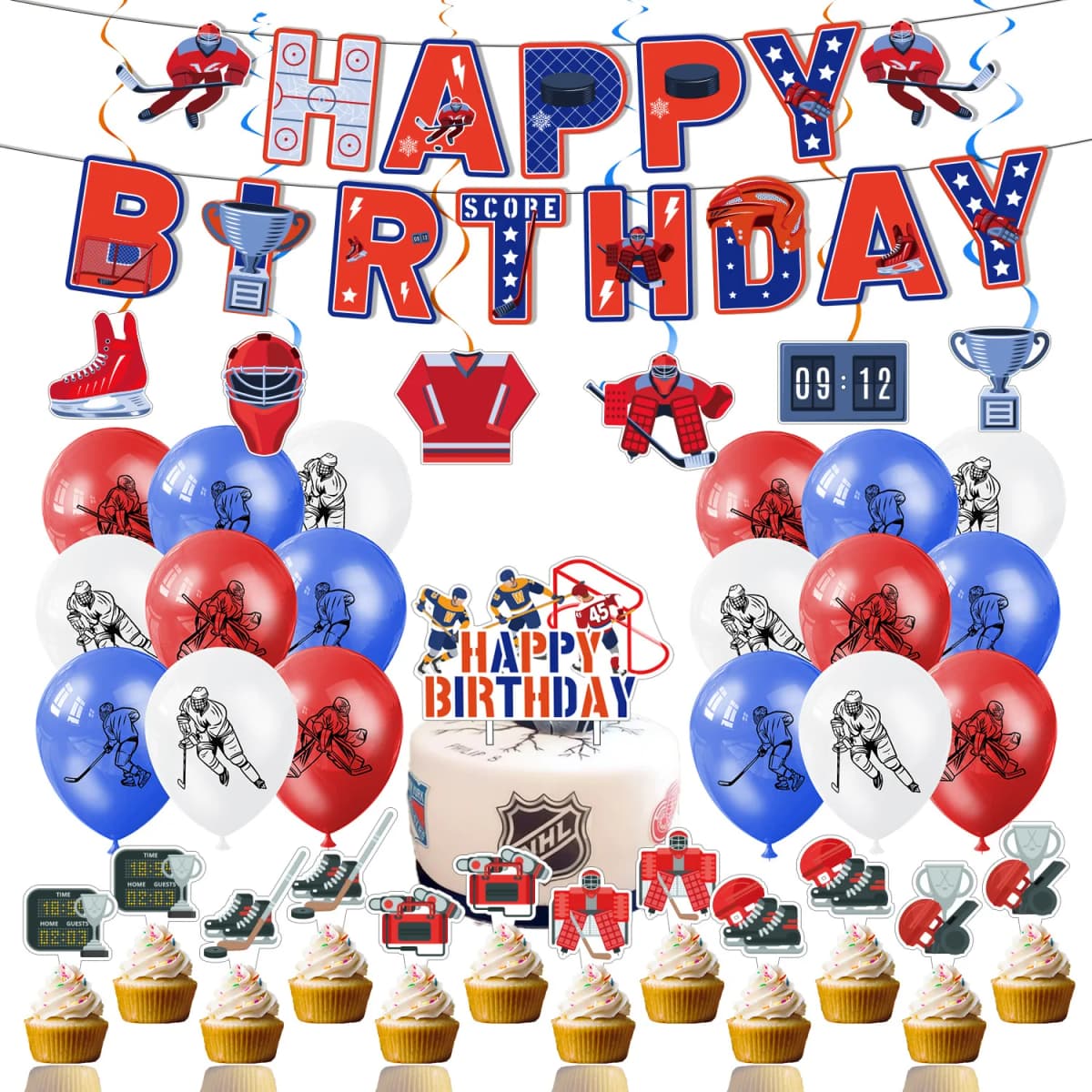 Hockey Themed Birthday Party Decorations Balloons Set Happy Birthday Banner Cake Topper Sports Theme Ice Hockey Party Supplies