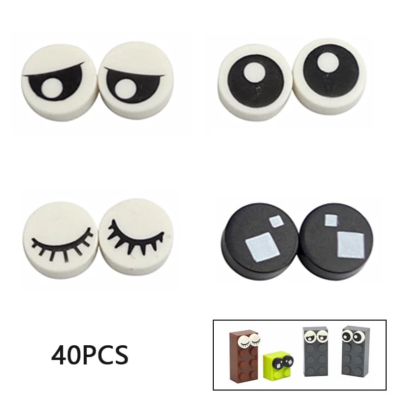 40Pcs Eye Brick 98138 Part 1x1 Tile Round Eyelash Pupile Pattern Printing Creation Smooth Building Blocks Accessory MOC Toys