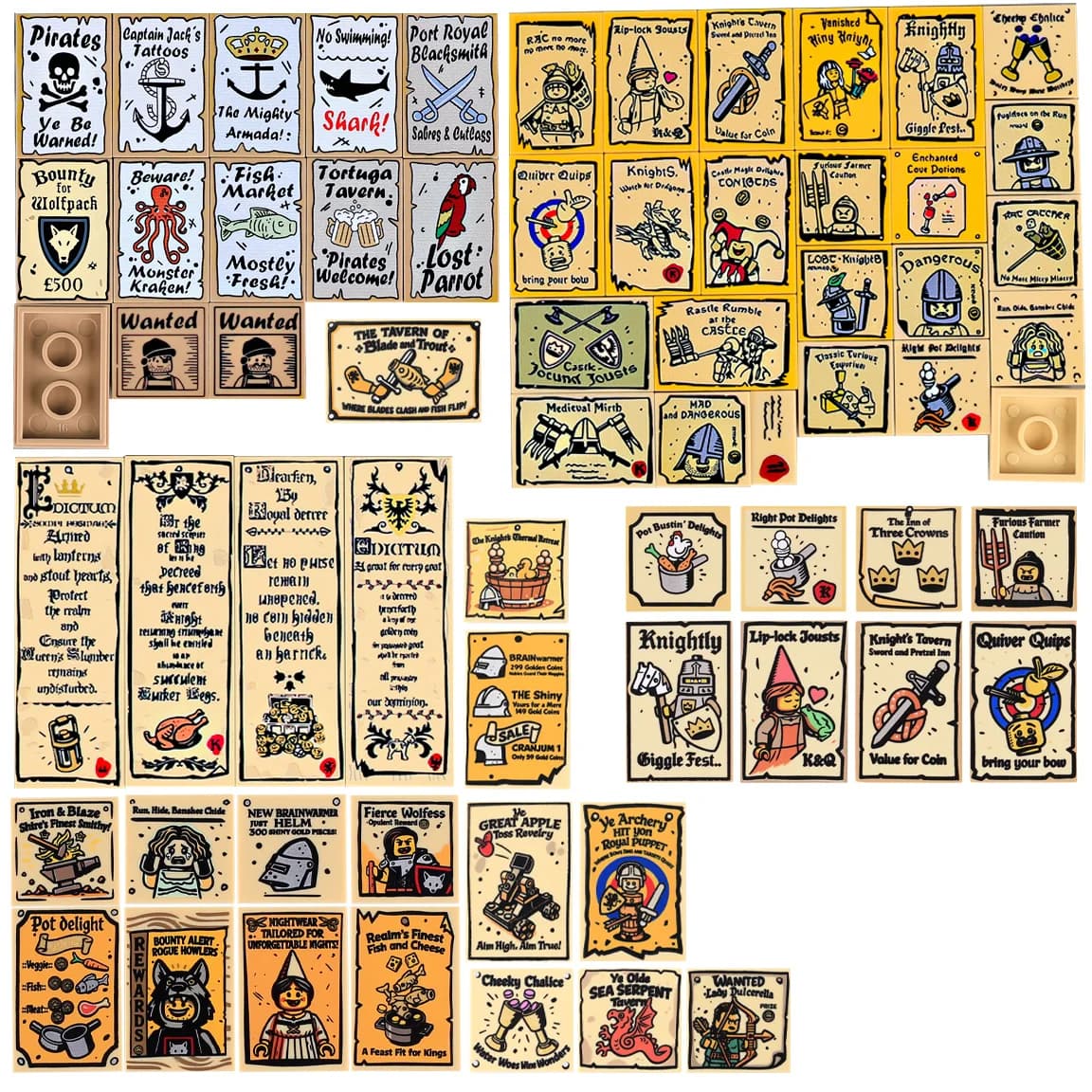 MOC Medieval Military Bulletin Board Rome Road Sign Printed Tiles Goat Animals Middle Age Street View Wood Sword Bricks Toys