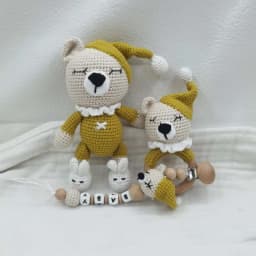 Amigurumi Crochet Lion Baby Teether kawaii Stuffed Animal Doll Beech Wood Newborn Teether Ring Pacifier Clip Baby Birth Gift Box