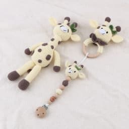 Amigurumi Crochet Lion Baby Teether kawaii Stuffed Animal Doll Beech Wood Newborn Teether Ring Pacifier Clip Baby Birth Gift Box