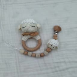 Amigurumi Crochet Lion Baby Teether kawaii Stuffed Animal Doll Beech Wood Newborn Teether Ring Pacifier Clip Baby Birth Gift Box