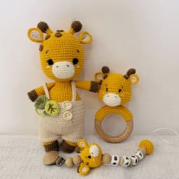 Amigurumi Crochet Lion Baby Teether kawaii Stuffed Animal Doll Beech Wood Newborn Teether Ring Pacifier Clip Baby Birth Gift Box