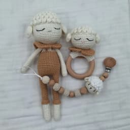Amigurumi Crochet Lion Baby Teether kawaii Stuffed Animal Doll Beech Wood Newborn Teether Ring Pacifier Clip Baby Birth Gift Box