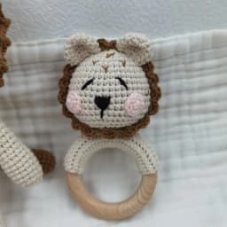 Amigurumi Crochet Lion Baby Teether kawaii Stuffed Animal Doll Beech Wood Newborn Teether Ring Pacifier Clip Baby Birth Gift Box