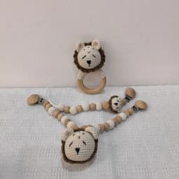 Amigurumi Crochet Lion Baby Teether kawaii Stuffed Animal Doll Beech Wood Newborn Teether Ring Pacifier Clip Baby Birth Gift Box