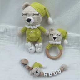 Amigurumi Crochet Lion Baby Teether kawaii Stuffed Animal Doll Beech Wood Newborn Teether Ring Pacifier Clip Baby Birth Gift Box