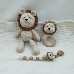 Amigurumi Crochet Lion Baby Teether kawaii Stuffed Animal Doll Beech Wood Newborn Teether Ring Pacifier Clip Baby Birth Gift Box