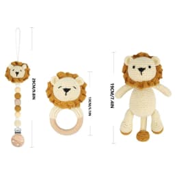 Amigurumi Crochet Lion Baby Teether kawaii Stuffed Animal Doll Beech Wood Newborn Teether Ring Pacifier Clip Baby Birth Gift Box