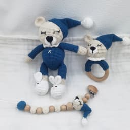 Amigurumi Crochet Lion Baby Teether kawaii Stuffed Animal Doll Beech Wood Newborn Teether Ring Pacifier Clip Baby Birth Gift Box