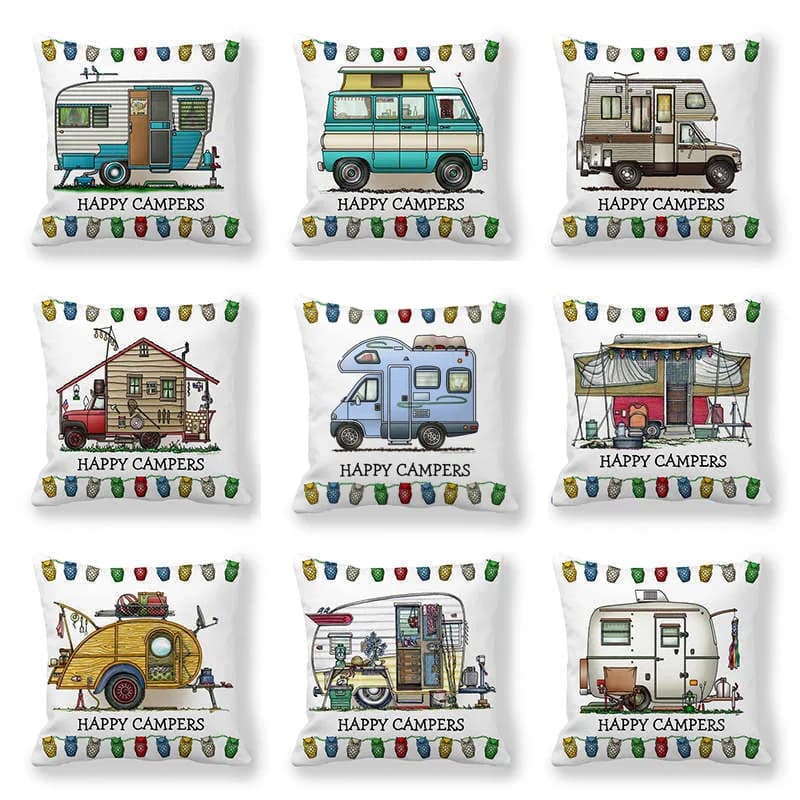 Happy Campers Car Cushion Cover Owl Outdoor Camping Pillow Sofa Decorative