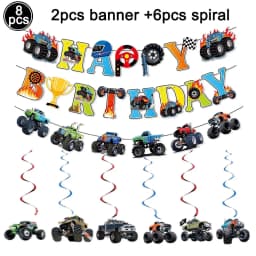 Monster Truck Happy Birthday Cake Topper Racing Car Black And White Checkered Flag Cake Decor Monster Truck Party Supplies