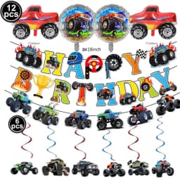Monster Truck Happy Birthday Cake Topper Racing Car Black And White Checkered Flag Cake Decor Monster Truck Party Supplies