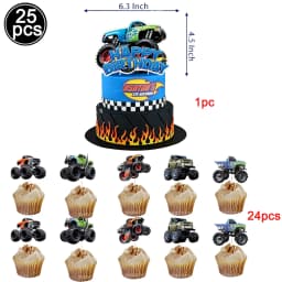 Monster Truck Happy Birthday Cake Topper Racing Car Black And White Checkered Flag Cake Decor Monster Truck Party Supplies