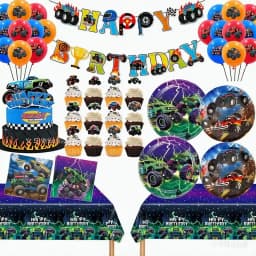 Monster Truck Happy Birthday Cake Topper Racing Car Black And White Checkered Flag Cake Decor Monster Truck Party Supplies