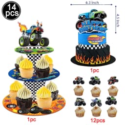 Monster Truck Happy Birthday Cake Topper Racing Car Black And White Checkered Flag Cake Decor Monster Truck Party Supplies