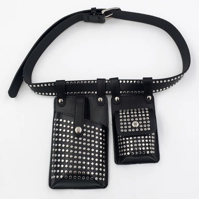 2PCS Rivets Belt Bag For Women Punk Motorcycle Waist Bags Female Fanny Pack Crossbody Function Chest Bag Hip Hop Phone Purse