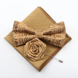 New Cork Wood Bow Tie Set Men's Novelty Handmade Floral Solid Color Bowtie Brooch For Groom Wedding Party Retro Suit Accessories