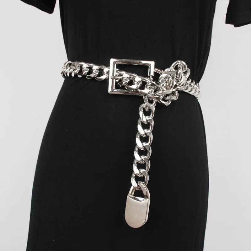 Silver Gold Metal Alloy Waist Belt Long Wide Waist Chain Punk Street Jean Belt Hip Hop Gothic Buckle PIn Adjustable Belt Cinch