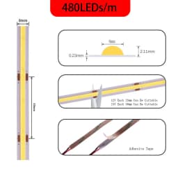 COB LED Strip Light High Density Flexible FOB COB 480/528LEDs/m Lights Tape Blue/ Green/Red Linear Dimmable DC12V/24V